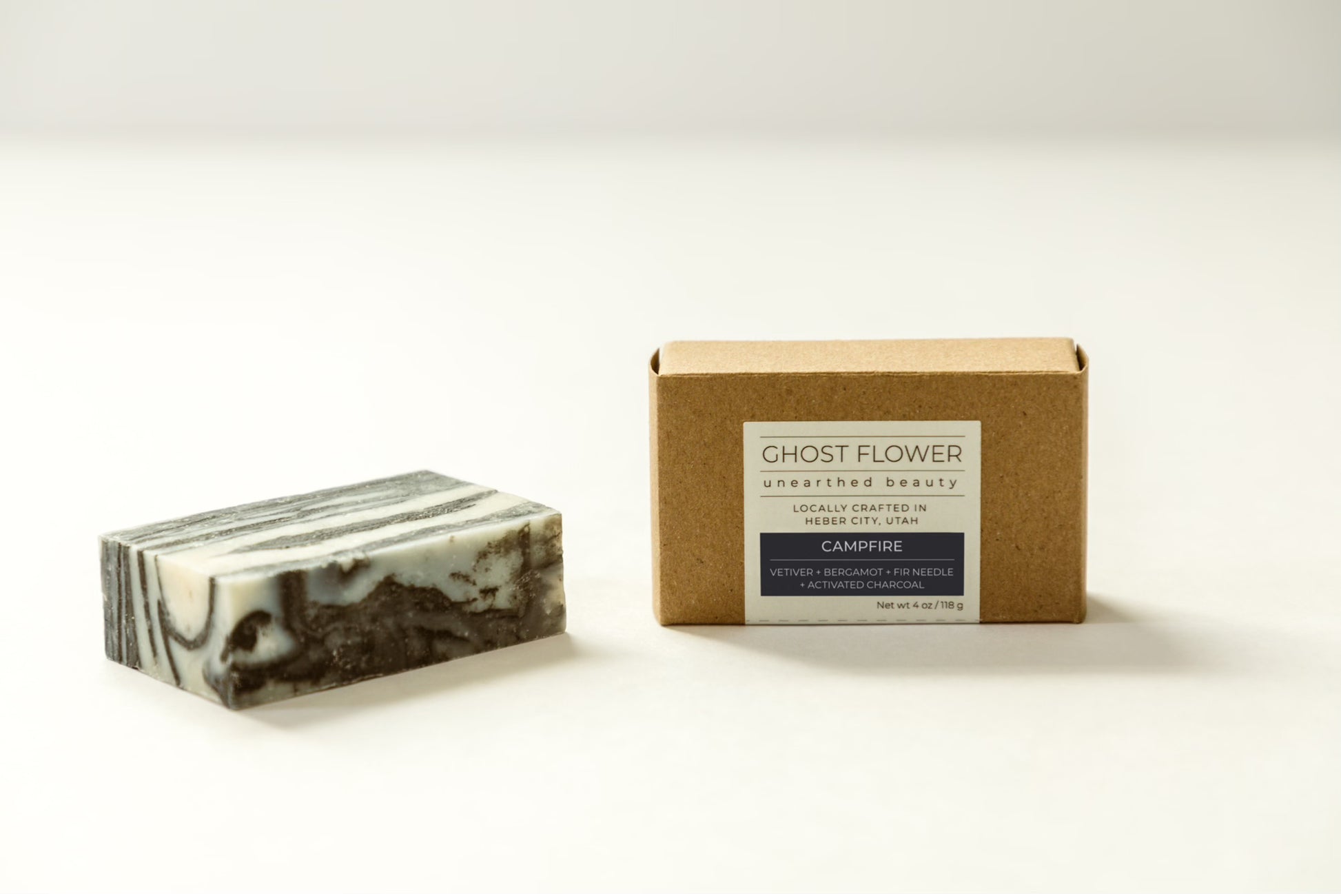 Soap-display-of-handmade-campfire-soap-with-one-single-bar-next-to-it’s-box-ghost-flower-beauty.heic 