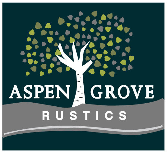 Logo for Aspen Grove Rustics with a large tree in the middle that has green leaves and a white trunk and branches.